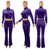 EVE Solid Velvet Long Sleeve Zipper Top Flared Pants 2 Piece Sets CH-8191