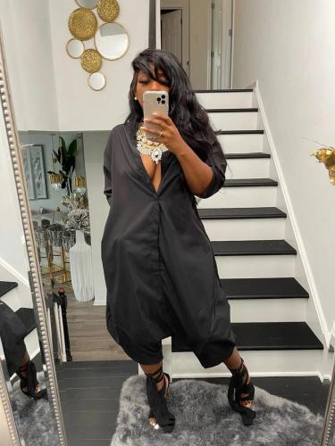 EVE Black Buttons Half Sleeve Loose One Piece Jumpsuit HMS-5506