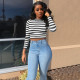 EVE Sexy Striped Long Sleeve Slim Crop Top GLF-10034
