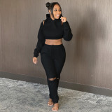 EVE Solid Hooded Cold Shoulder Crop Top+Hole Pants 2 Piece Suits SH-390003