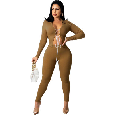 EVE Solid Long Sleeve Lace-Up Two Piece Pants Set ZNF-9108