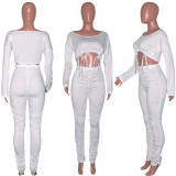 EVE Solid Drawstring Ruched Long Sleeve 2 Piece Pants Set SH-390001