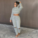 EVE Solid Hooded Cold Shoulder Crop Top+Hole Pants 2 Piece Suits SH-390003