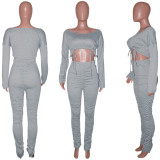 EVE Solid Drawstring Ruched Long Sleeve 2 Piece Pants Set SH-390001