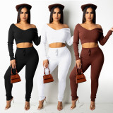 EVE Solid Ribbed Long Sleeve Two Piece Pants Set LFDF-70023