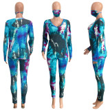 EVE Plus Size Tie Dye Print V Neck Long Sleeve 2 Piece Suits With Mask SH-3891