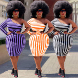 EVE Plus Size Striped One Shoulder Sashes Bodycon Dress QSF-51042