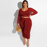 EVE Plus Size Solid Long Sleeve Midi Skirt Two Piece Sets SMD-82083