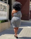 EVE Plus Size Striped One Shoulder Sashes Bodycon Dress QSF-51042