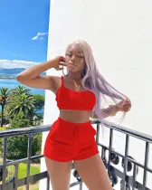 EVE Solid Plush Vest Top And Shorts 2 Piece Sets TE-4325
