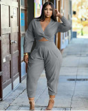 EVE Plus Size Solid Knotted Long Sleeve 2 Piece Pants Set XYMF-XY68016