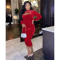EVE Sexy Solid Hollow Out Long Sleeve Midi Dress FOSF-8101