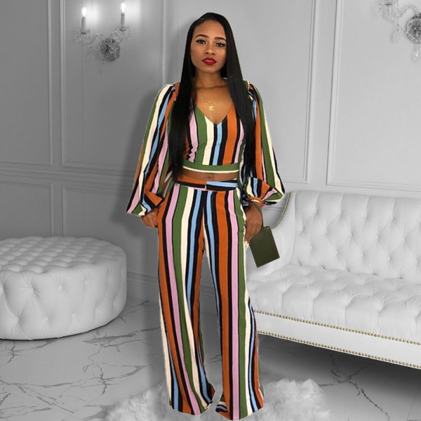 EVE Colorful Striped Long Sleeve Two Piece Pants Set HMS-5508