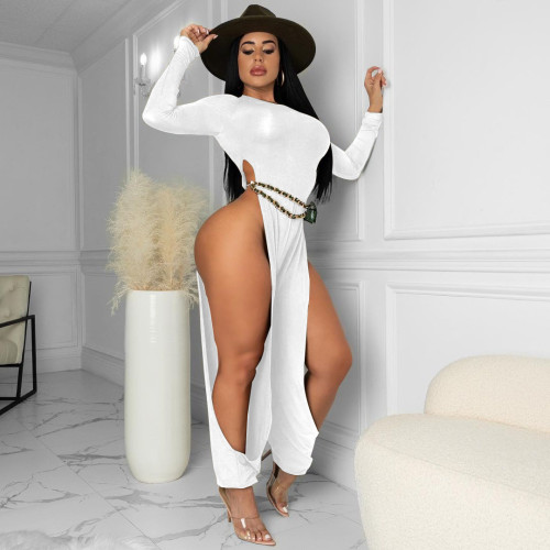 EVE Sexy High Split Bare Legs Long Sleeve Club Jumpsuit (Without Belt) IV-8248