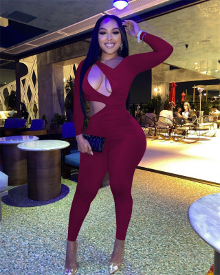 EVE Sexy Solid Long Sleeve Hollow Out Jumpsuit FENF-177