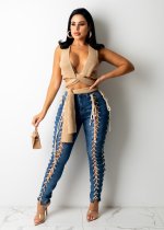 EVE Denim Lace-Up Mid-Waist Skinny Jeans Pants LA-3287