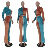EVE Contrast Color Velvet Long Sleeve Flared Pants 2 Piece Sets TR-1178
