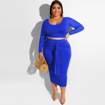 EVE Plus Size Solid Long Sleeve Midi Skirt Two Piece Sets SMD-82083