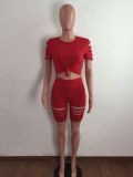 EVE Casual Solid Hole T Shirt And Shorts Two Piece Sets LA-3277