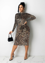 EVE Sexy Leopard Long Sleeve Sashes Midi Dress MZ-2669