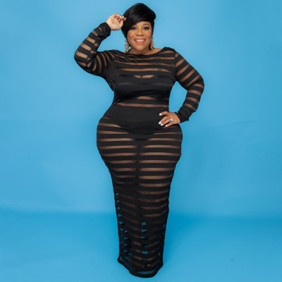 EVE Plus Size Sexy Mesh See Through Long Sleeve Maxi Dress NNWF-7318