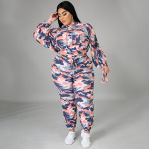 EVE Plus Size Camo Print Hooded 2 Piece Pants Set (With Mask) NNWF-7305