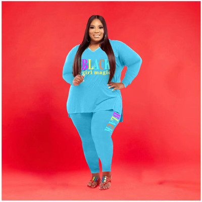 EVE Plus Size Letter Print V Neck Long Sleeve 2 Piece Pants Set WAF-77277