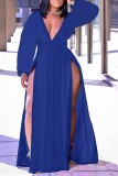 EVE Plus Size Solid Deep V High Split Long Sleeve Maxi Dress WAF-77273
