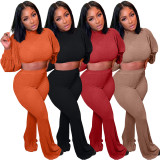 EVE Solid Long Sleeve Crop top Flared Pants 2 Piece Sets MIL-L270