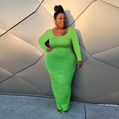 EVE Plus Size Solid Long Sleeve Ruched Midi Dress HEJ-S6077