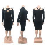 EVE Plus Size Solid Long Sleeve Bodycon Dress PHF-13257