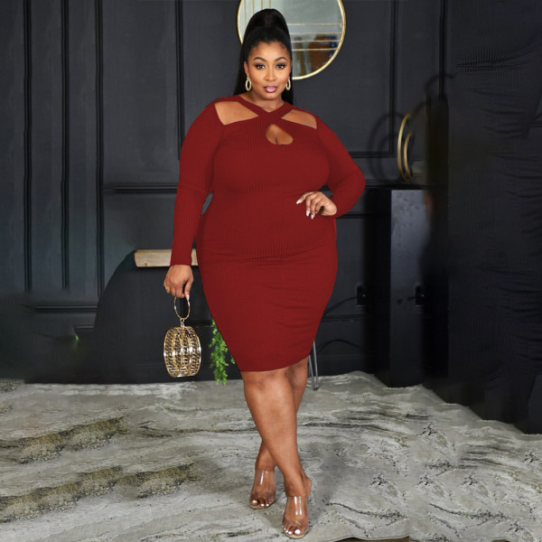 EVE Plus Size Solid Long Sleeve Bodycon Dress PHF-13257