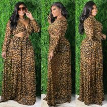Plus Size Printed Tie Up Long Sleeve Maxi Skirt 2 Piece Sets HEJ-S6072