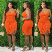 EVE Plus Size Solid Drawstring Ruched Sling Bodycon Dress HEJ-J6049
