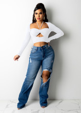 Sexy Ribbed Hollow Out Long Sleeve Slim Crop Top MZ-2664