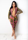 EVE Plus Size Sexy Printed Long Sleeve Midi Dress BYMF-60083