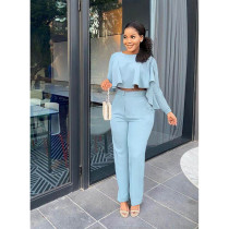 EVE Solid Ruffle High Low Top Straight Pants 2 Piece Suits ASL-6509