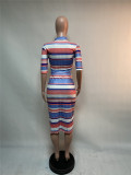 EVE Colorful Striped Half Sleeve Midi Skirt 2 Piece Sets XMEF-X1022