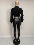 EVE PU Leather Patchwork Long Sleeve 2 Piece Pants Set XMEF-X1059