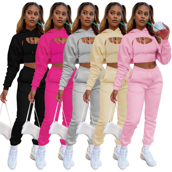 EVE Solid Cropped Hoodie+Tank Top+Pants 3 Piece Sets CH-8193