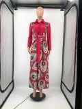 EVE Plus Size Casual Printed Long Sleeve Sashes Maxi Dress DMF-8183