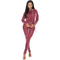 EVE Solid Velvet Hooded Drawstring Ruched 2 Piece Suits ZNF-9112