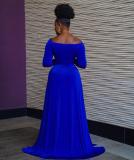 EVE Blue V Neck Long Sleeve High Split Maxi Evening Dress LSL-6474