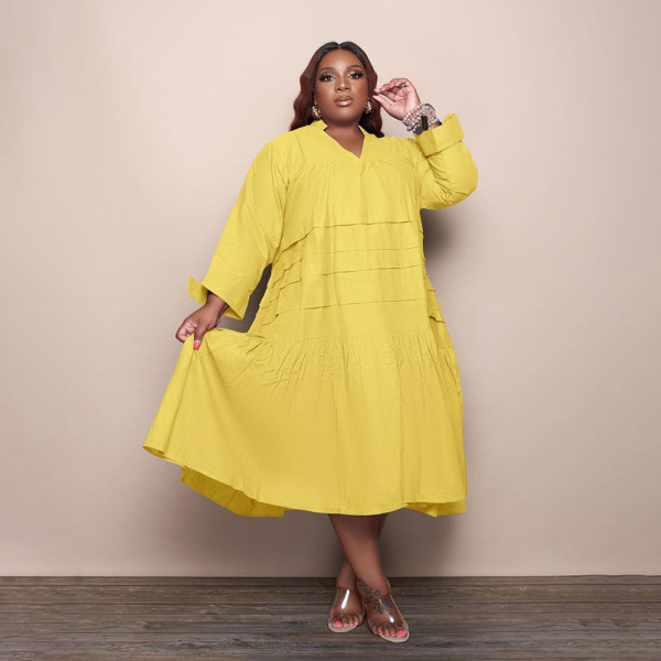 EVE Plus Size Solid V Neck Long Sleeve Loose Midi Dress QSF-51049