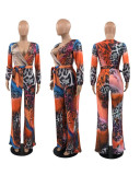 EVE Sexy Leopard Print V Neck Long Sleeve Sashes Jumpsuit JRF-3656