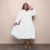 EVE Plus Size Solid V Neck Long Sleeve Loose Midi Dress QSF-51049