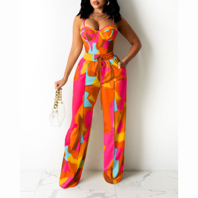 EVE Sexy Printed Vest Top Wide Leg Pants 2 Piece Sets CHY-1348