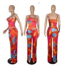 Sexy Printed Vest Top Wide Leg Pants 2 Piece Sets CHY-1348
