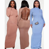 EVE Solid Sexy Backless Long Sleeve Maxi Dress BN-9303