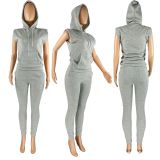 EVE Solid Plush Shoulder Pads Sleeveless Hooded 2 Piece Pants Set HHF-9099